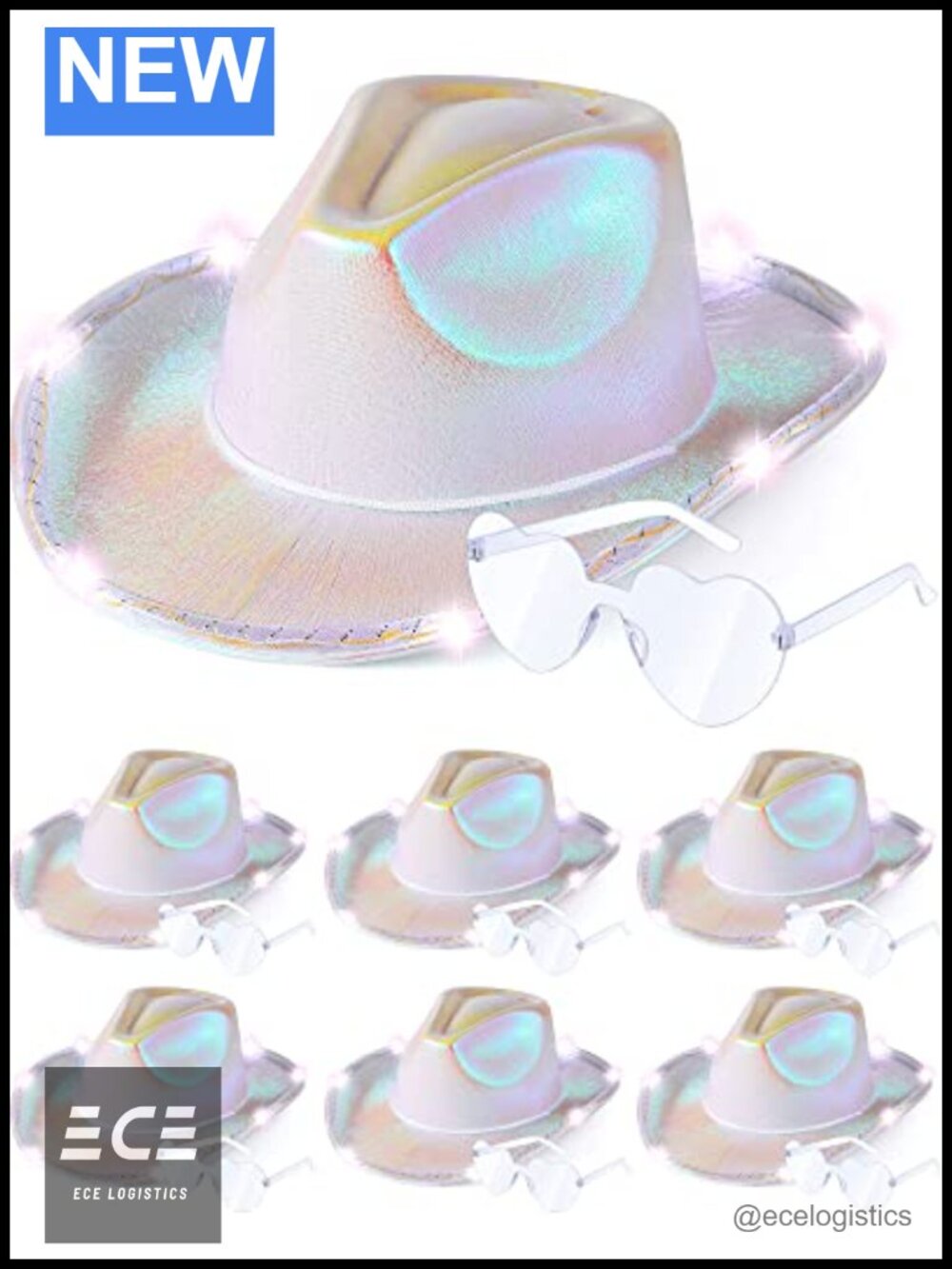 LED Cowboy Hat Set with Heart Sunglasses – 6 Hats & 6 Pairs, Party Bulk